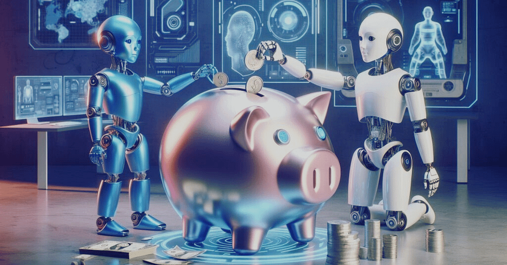 Two robots saving money in the piggy bank it defines the automation of saving money