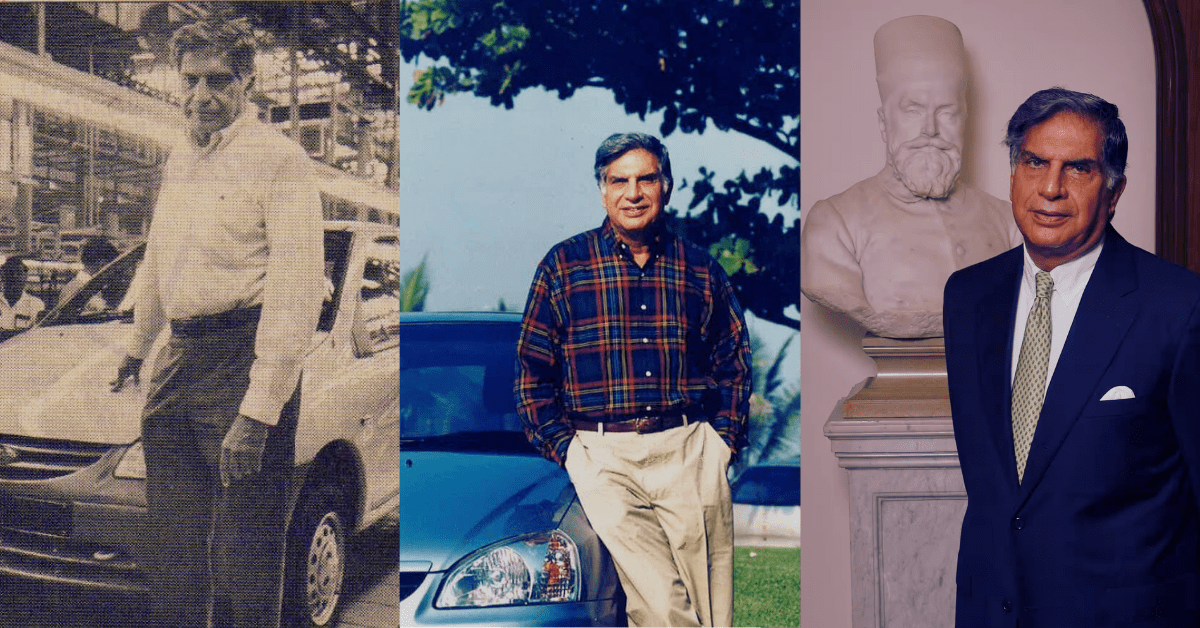 There is a three image of Ratan Tata. young man, middle age man and current tata are present.