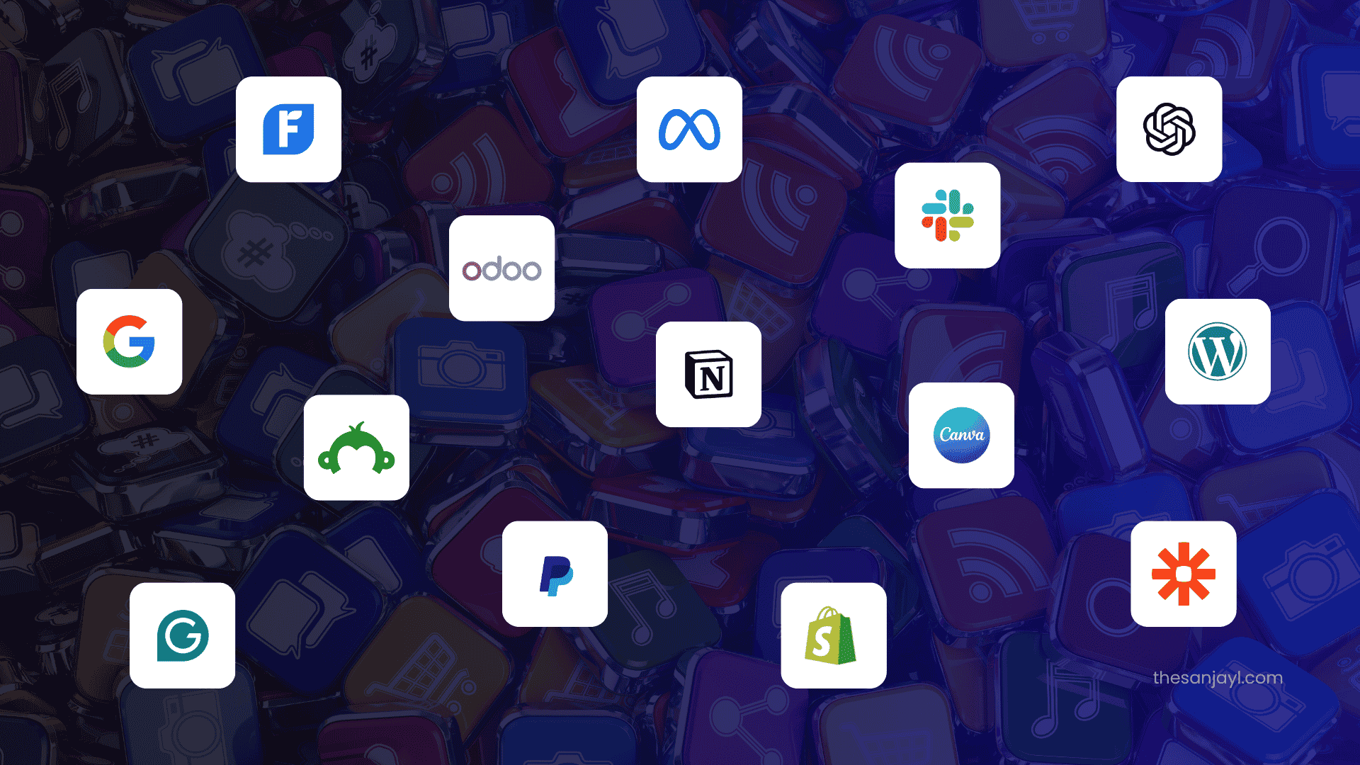 Icons of Software which used to start a business and scale a business like ChatGPT, Zapier, Slack, Notion, Meta Business Suite, FreshBooks, PayPal, Shopify, Odoo and More software.
