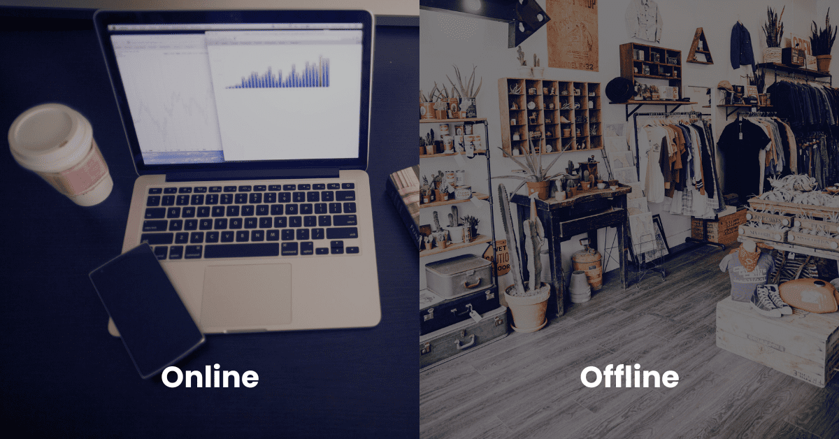 One side laptop working on internet and other side local physical shop defines offline business. online business vs offline business