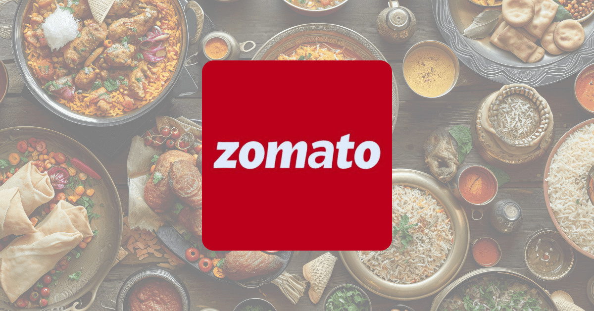 Image of Zomato logo with the background of variety of foods. The images indirectly refer to the Zomato business model.