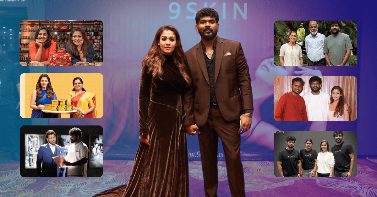 Nayanthara and her Husband Vignesh Shivan and 9 Skin Launch event in Malaysia for Nayanthara Business expansion. There is pop up image of Lip Balm Company Partner, Femi 9 Partner, ticket 9 Partner, The divine foods partner and Picture with famous business man Velumani