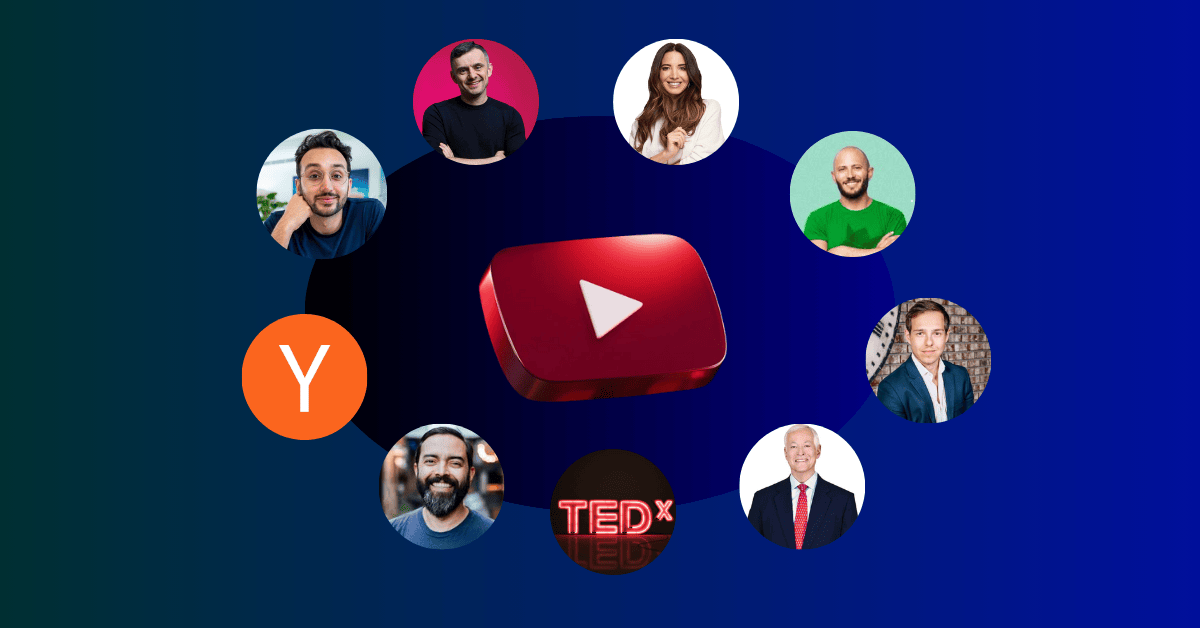 In center a 3d YouTube logo. 9 profile of best business channels on YouTube around that logo with infographic image.